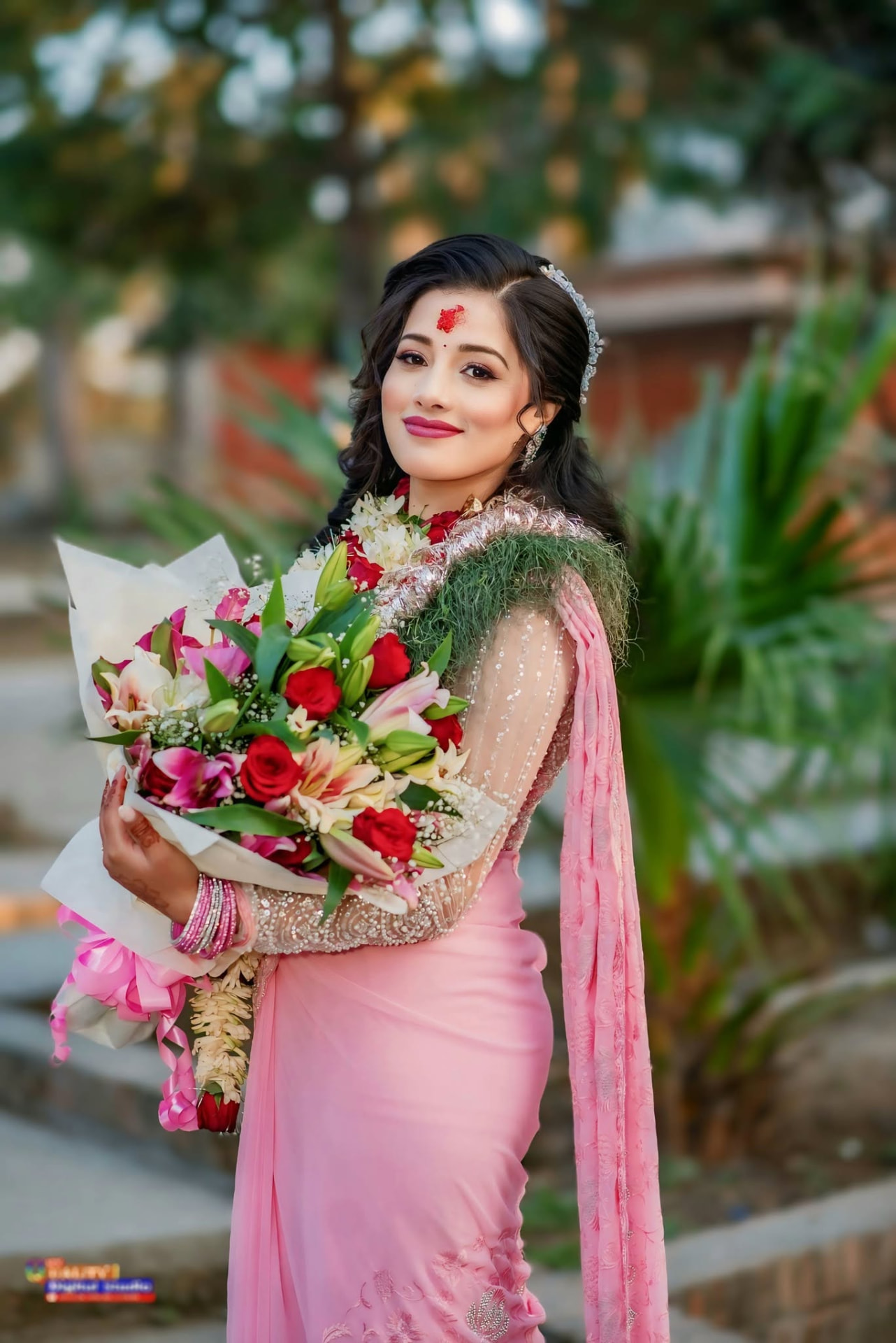 Portrait of a bride holding a bouquet