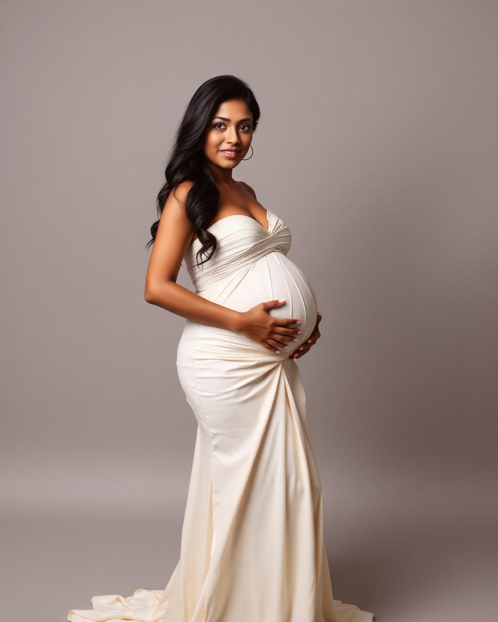 Maternity studio portrait in a flowing cream gown