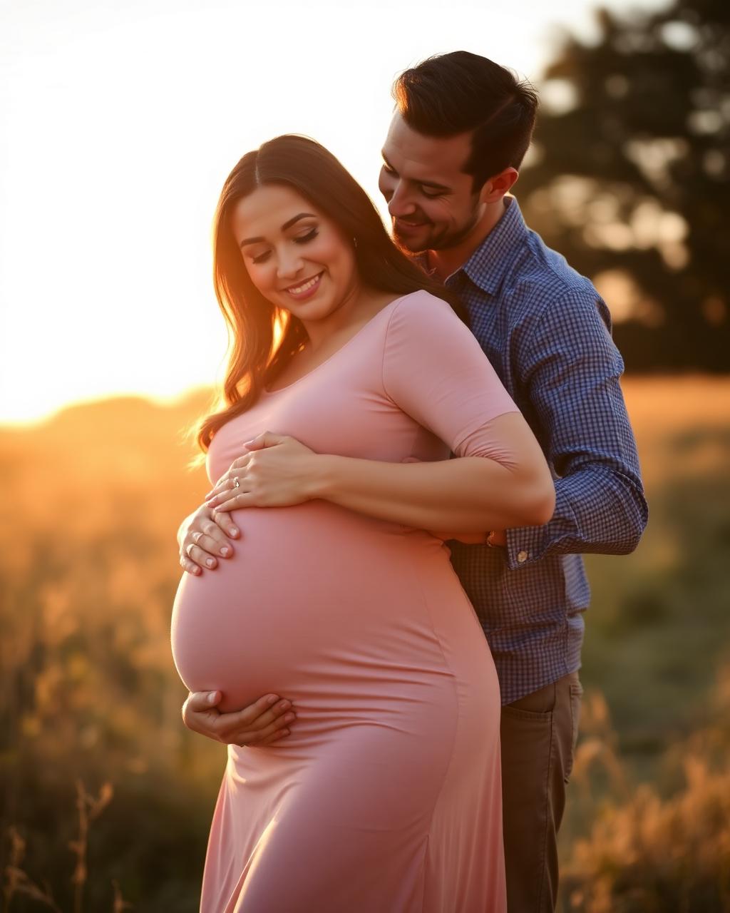 Expecting couple photographed outdoors at golden hour