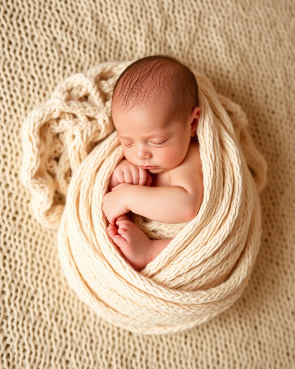 Newborn baby sleeping in a soft knitted wrap