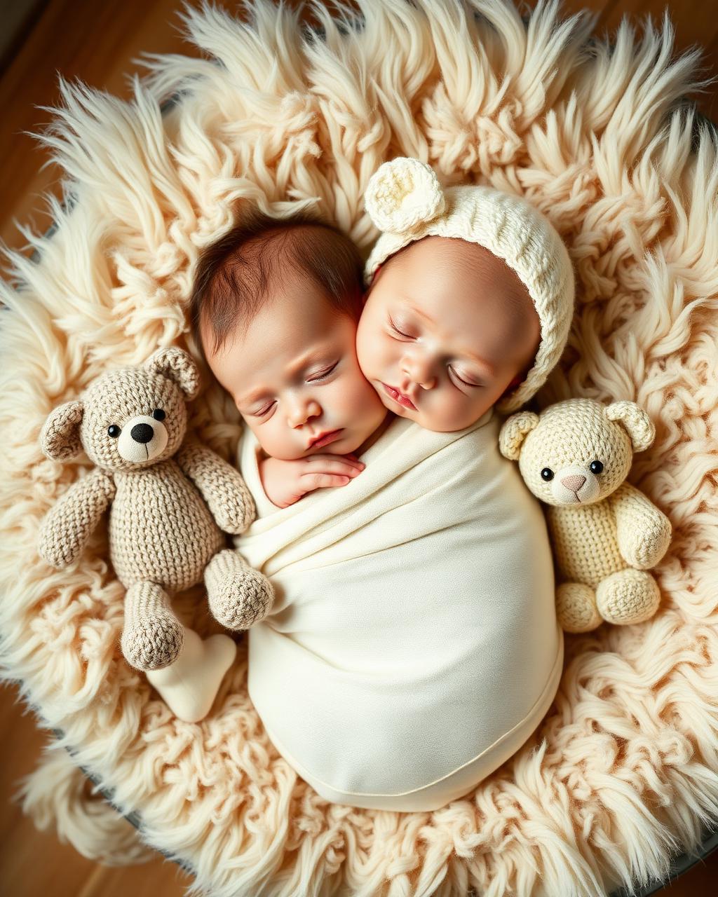 Newborn wrapped in muslin with knitted toys