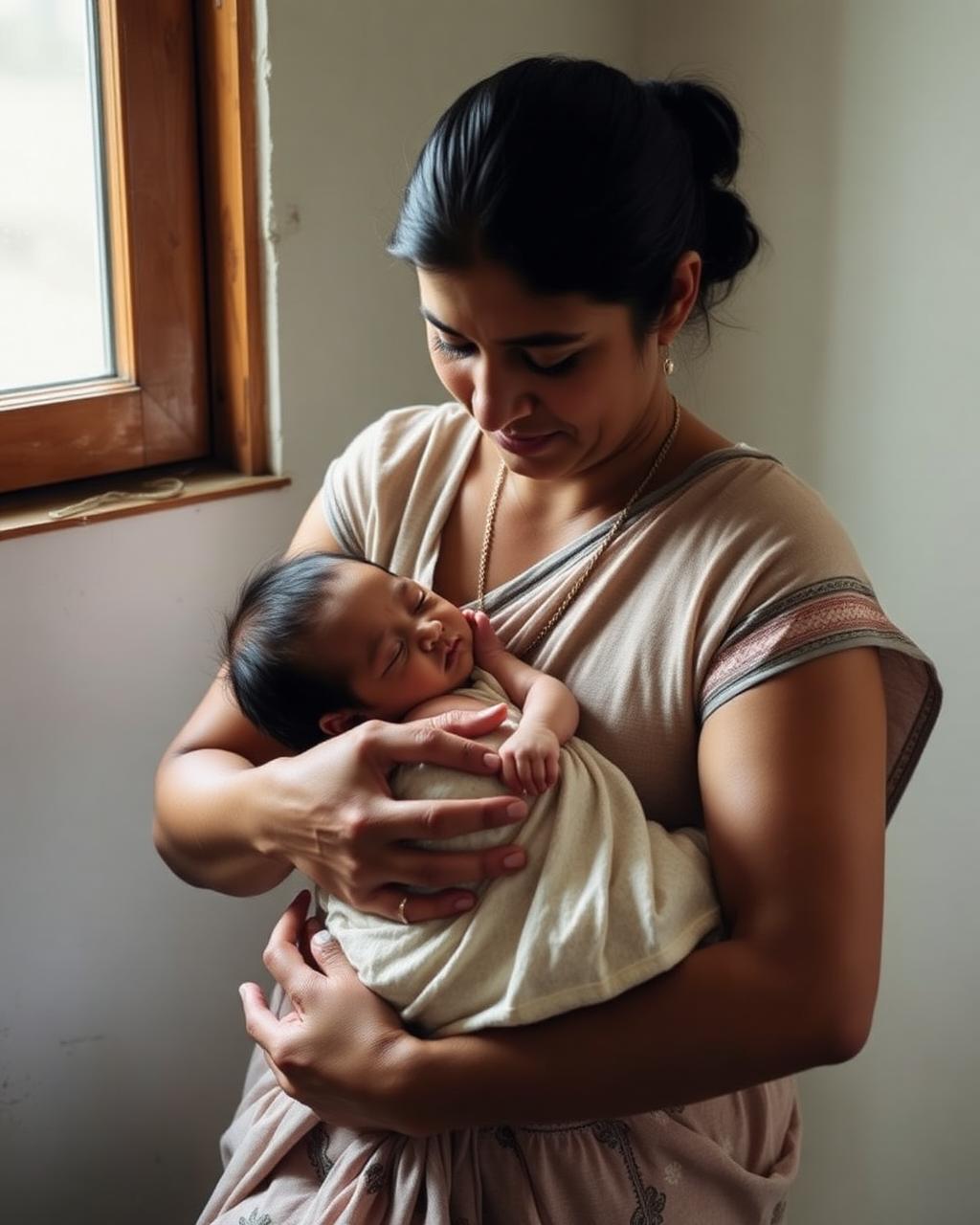 Mother cradling her sleeping newborn baby