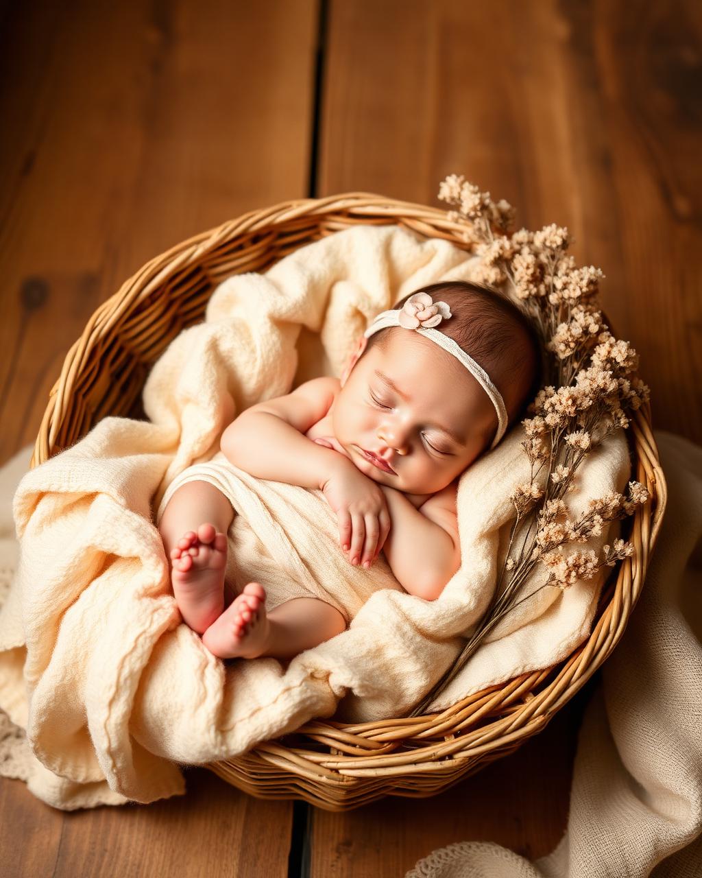 Newborn sleeping in a woven basket with dried flowers