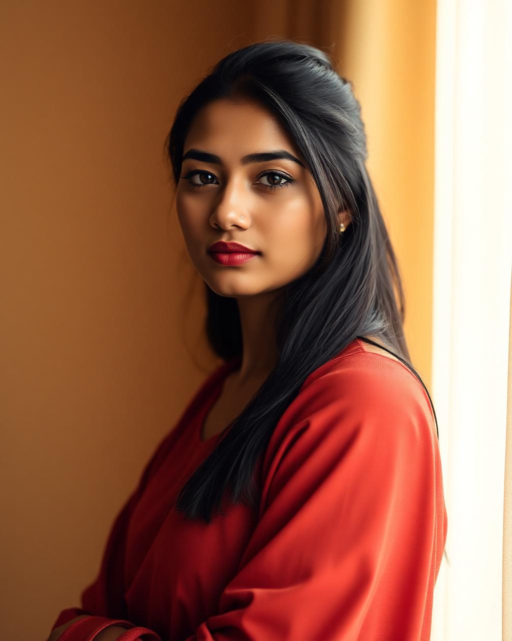 Studio portrait of a young woman in warm window light
