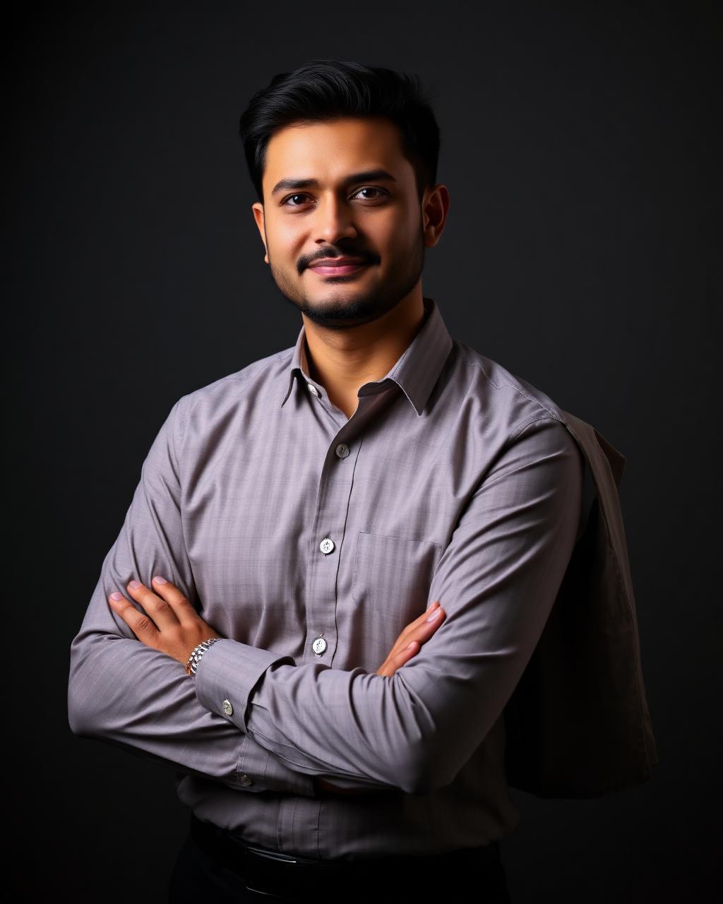 Professional studio portrait of a man on a dark backdrop