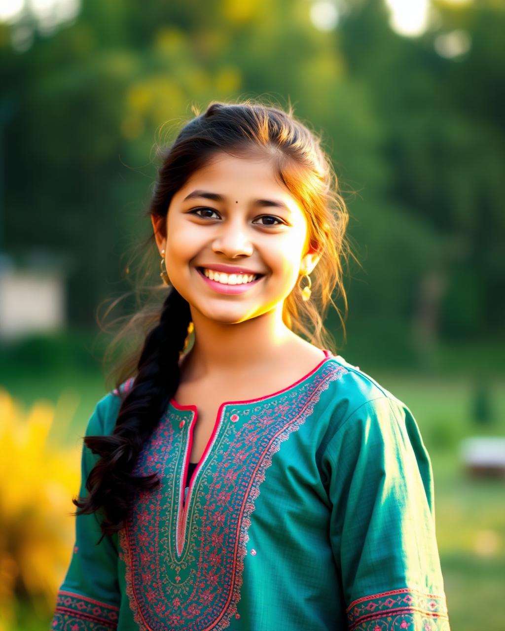 Outdoor golden hour portrait of a smiling girl